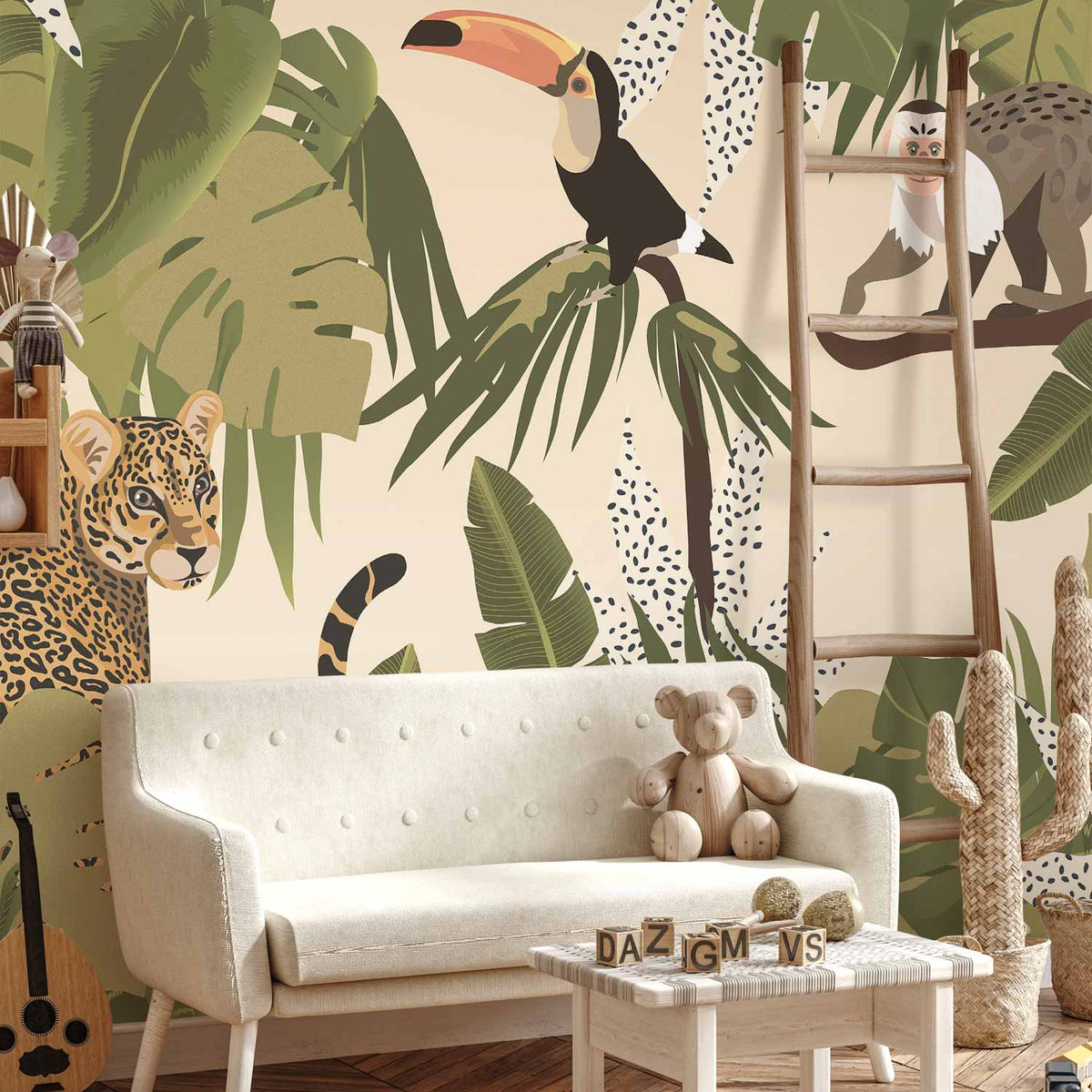 Fotobehang Leaves and Shapes - Jungle in Faded Colours With Animals