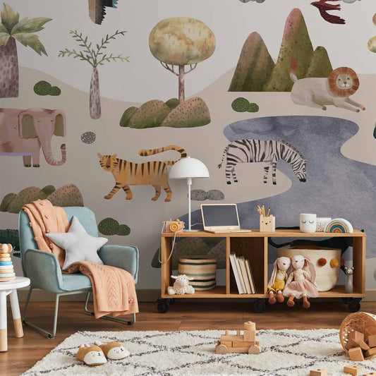 Fotobehang Africa for Toddlers - Savannah Animals in Pastel Colours