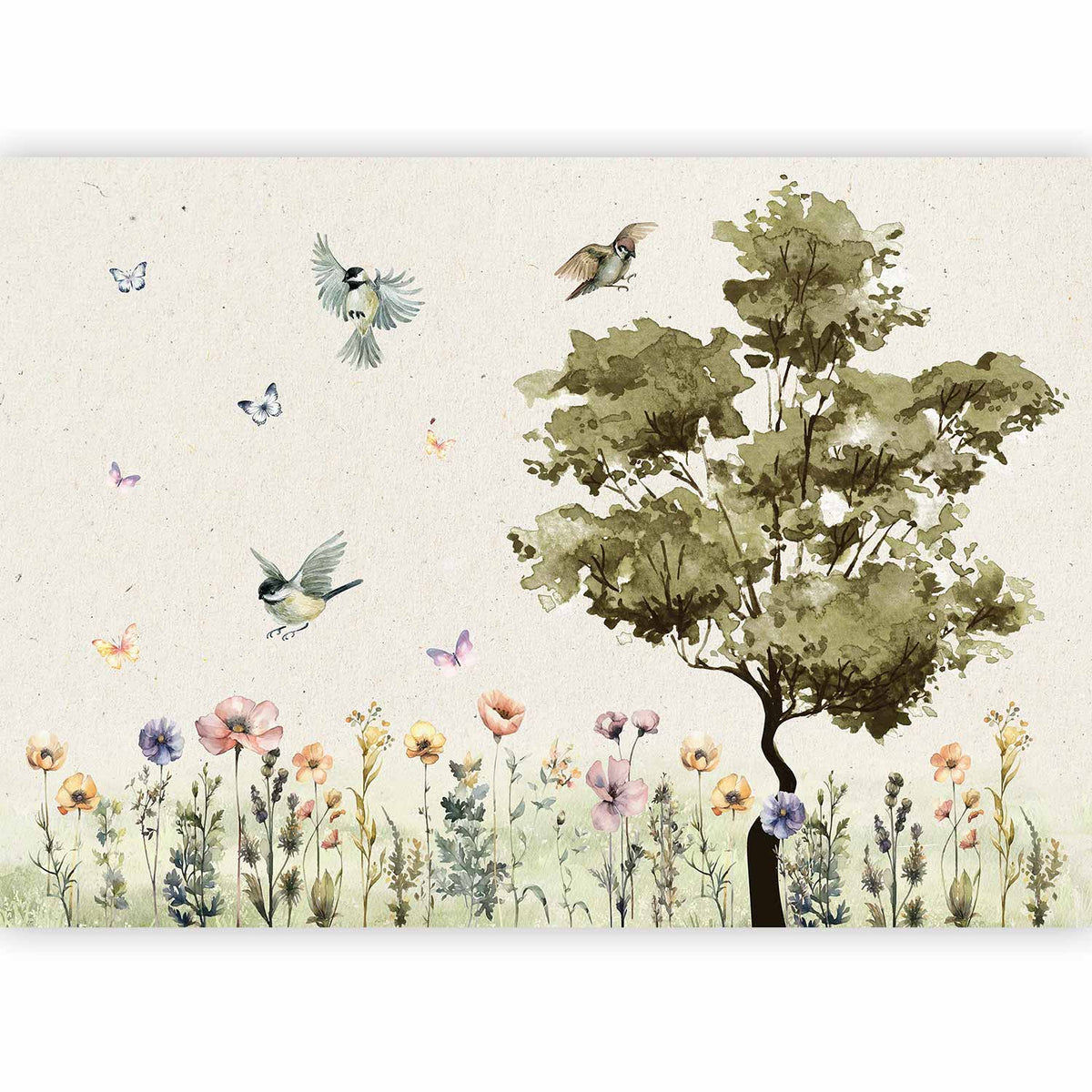 Fotobehang Spring Meadow - a Clearing With Flowers Painted in Watercolours