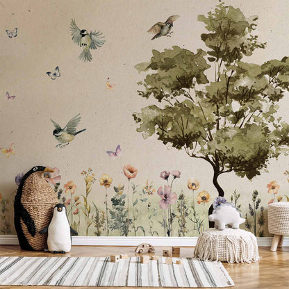 Fotobehang Spring Meadow - a Clearing With Flowers Painted in Watercolours