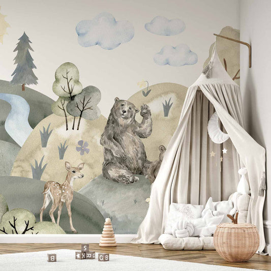 Fotobehang Green Hills - a Valley With Animals Painted in Watercolours