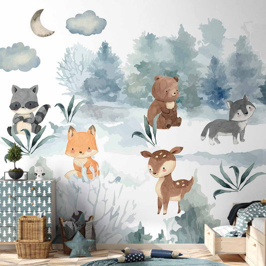 Fotobehang Forest Games - Animals in a Forest Painted in Watercolours