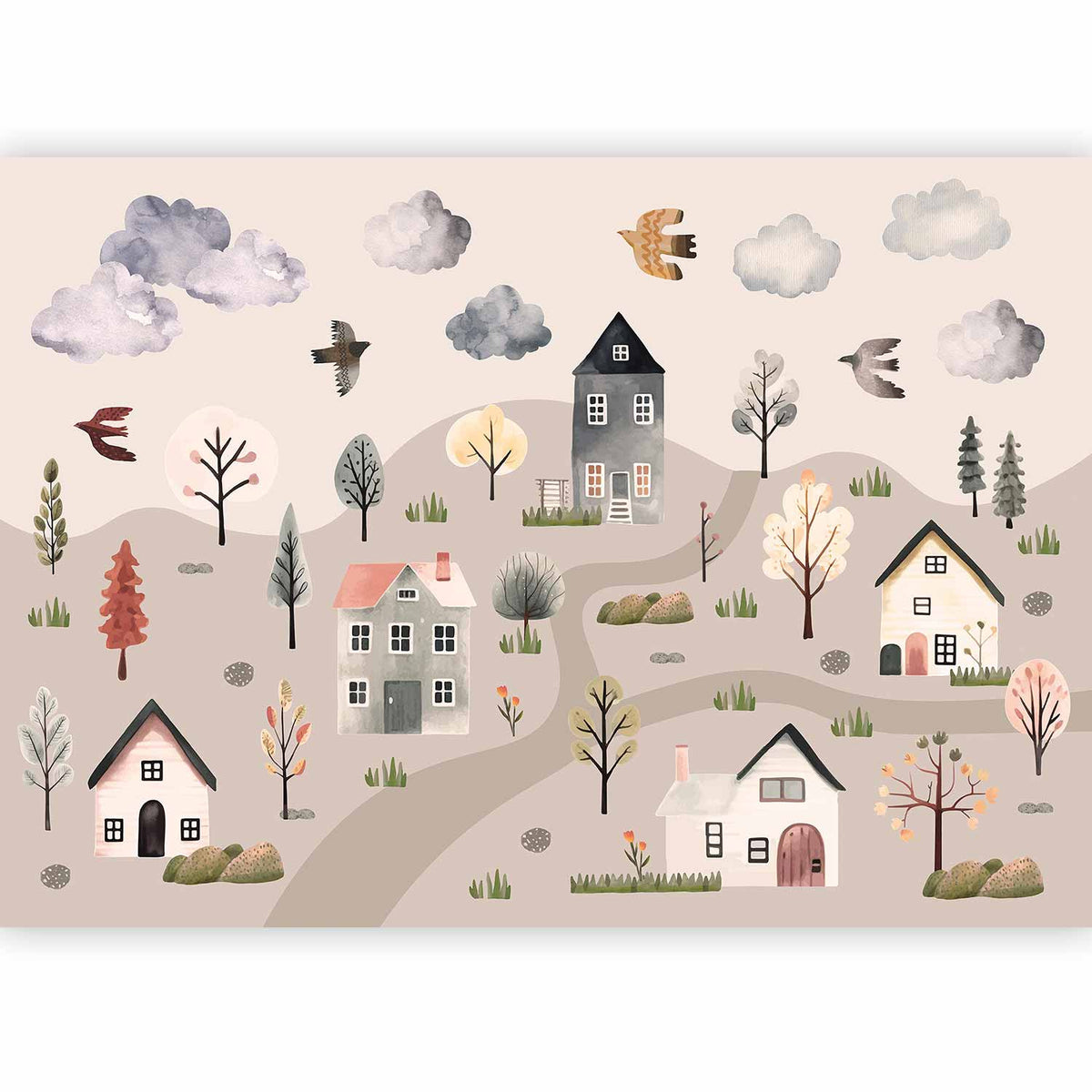 Fotobehang Scandinavian Valley - Village in Pastel Colours Painted in Watercolours