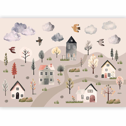 Fotobehang Scandinavian Valley - Village in Pastel Colours Painted in Watercolours