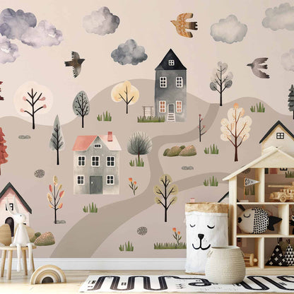 Fotobehang Scandinavian Valley - Village in Pastel Colours Painted in Watercolours