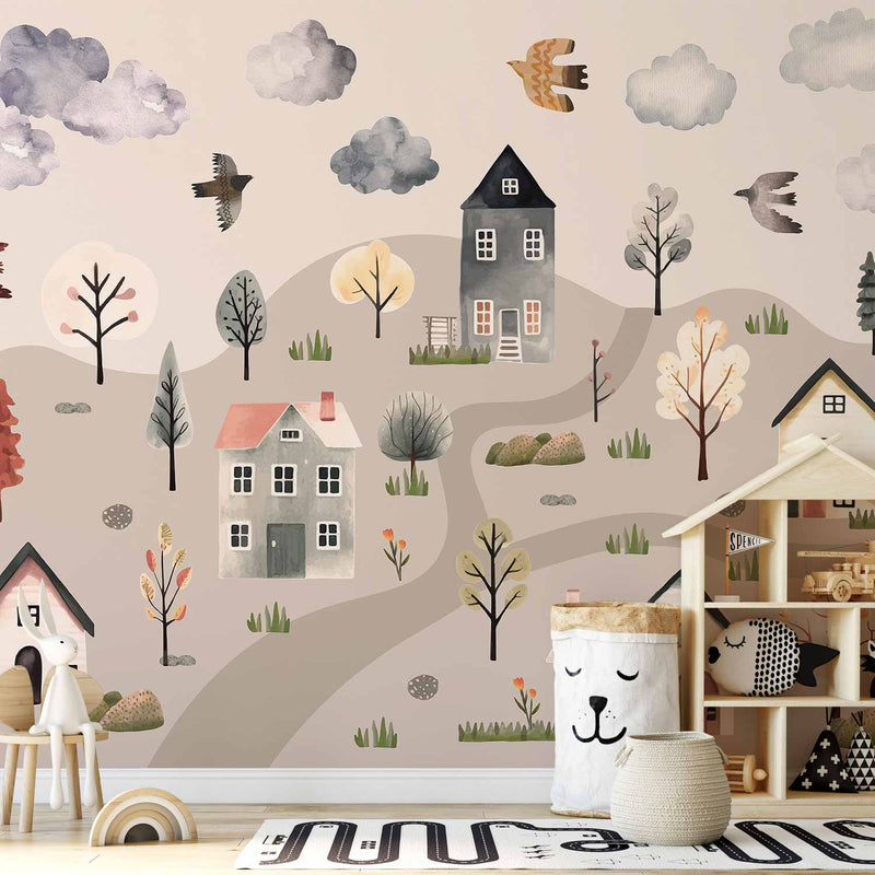 Fotobehang Scandinavian Valley - Village in Pastel Colours Painted in Watercolours