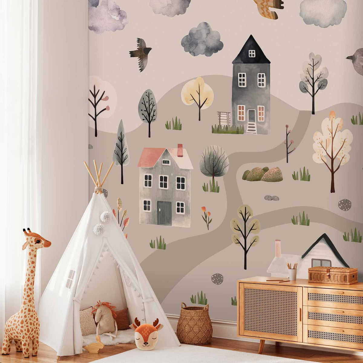 Fotobehang Scandinavian Valley - Village in Pastel Colours Painted in Watercolours