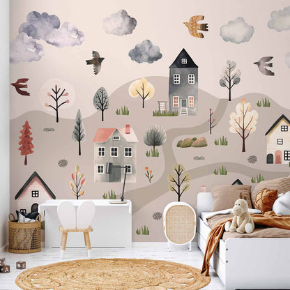 Fotobehang Scandinavian Valley - Village in Pastel Colours Painted in Watercolours