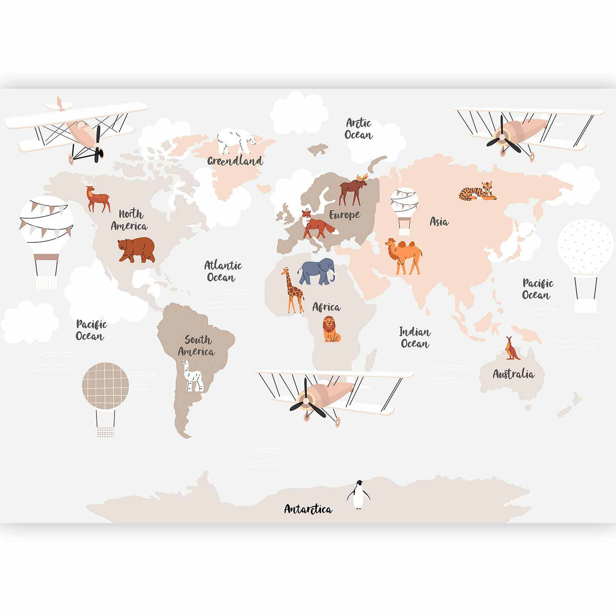 Fotobehang World Map in Beige Tones for Children's Room