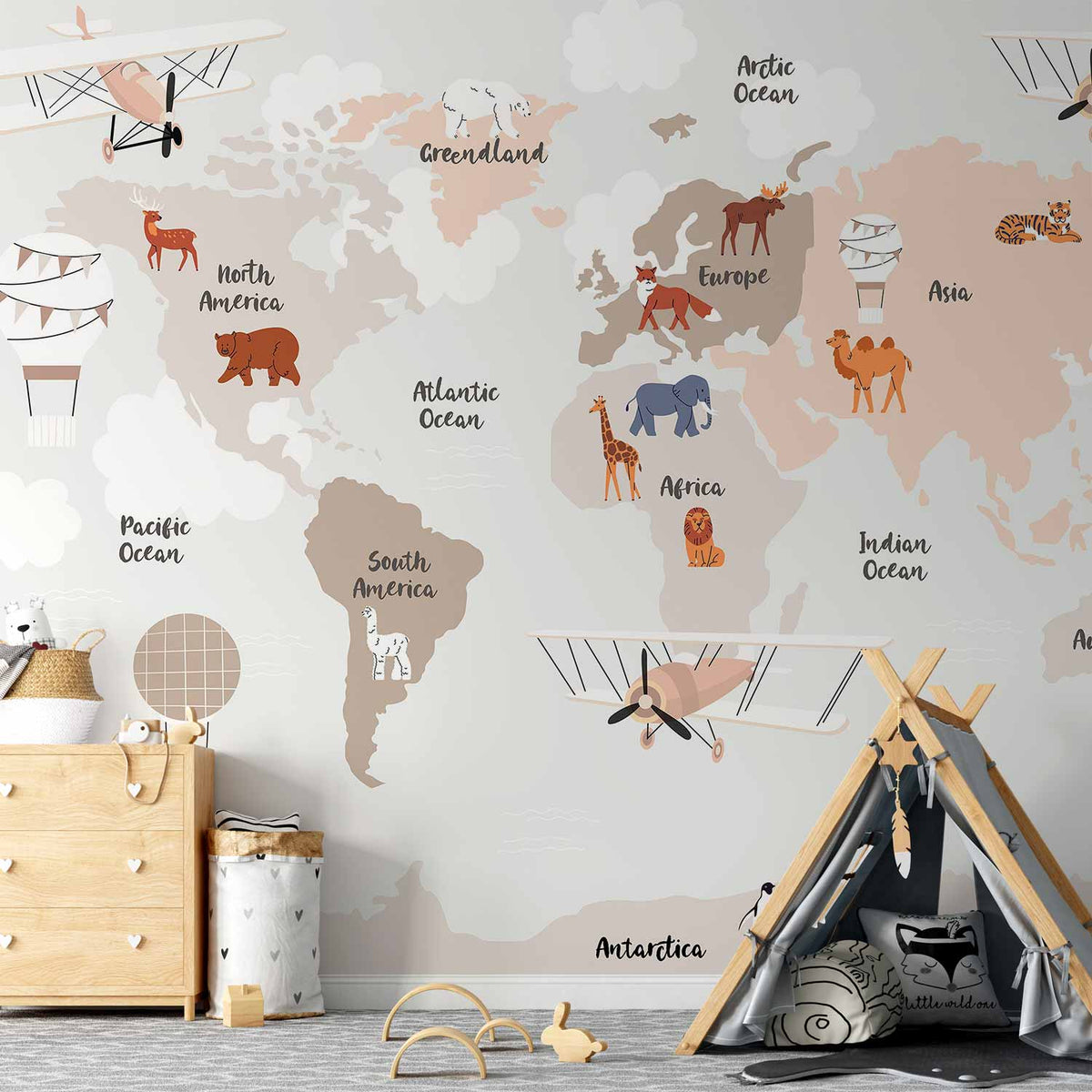 Fotobehang World Map in Beige Tones for Children's Room