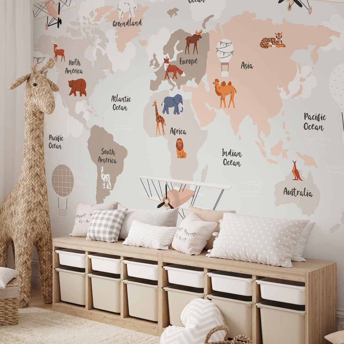 Fotobehang World Map in Beige Tones for Children's Room