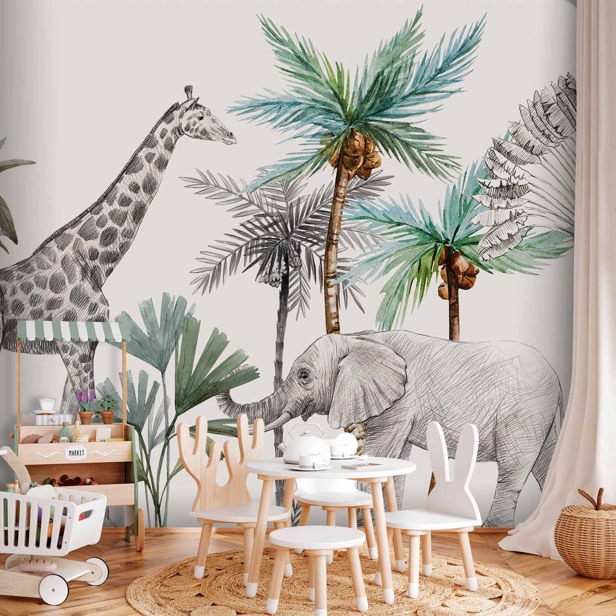 Fotobehang Jungle Animals Wallpaper for Children's Room in Cartoon Style