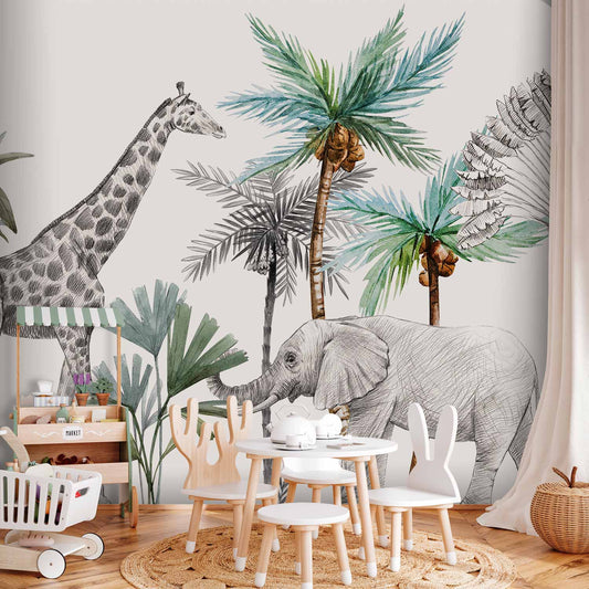 Fotobehang Jungle Animals Wallpaper for Children's Room in Cartoon Style