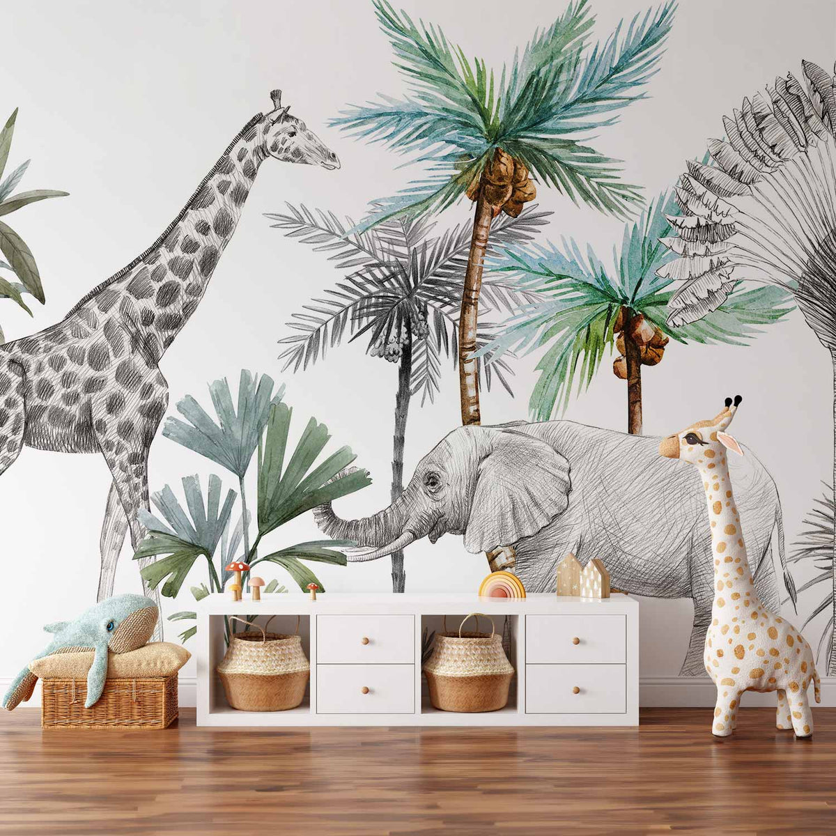 Fotobehang Jungle Animals Wallpaper for Children's Room in Cartoon Style