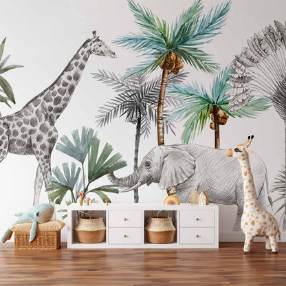 Fotobehang Jungle Animals Wallpaper for Children's Room in Cartoon Style