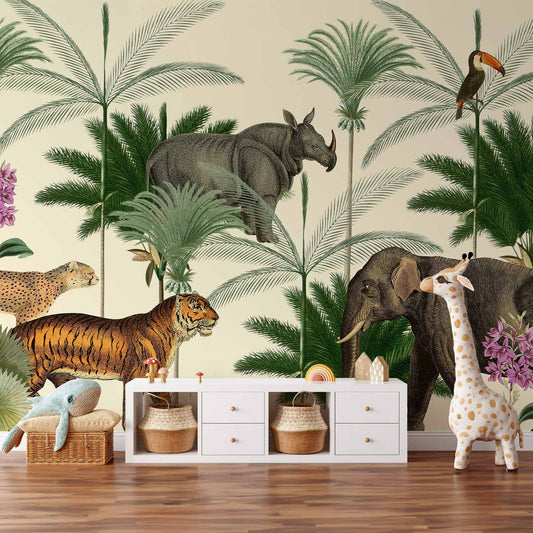 Fotobehang Jungle Land With Animals in the Style of Old Engravings