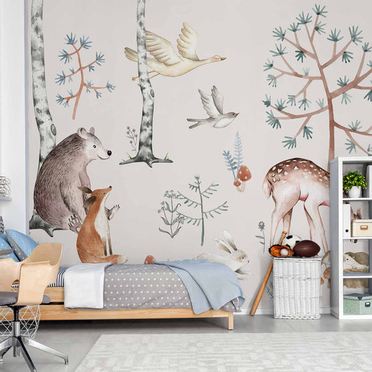 Fotobehang Forest Land With Animals Painted in Watercolours