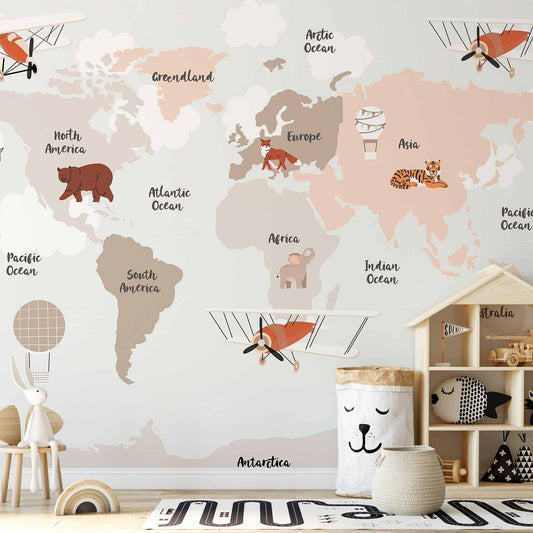 Fotobehang Map in Shades of Beige - Continents With Animals