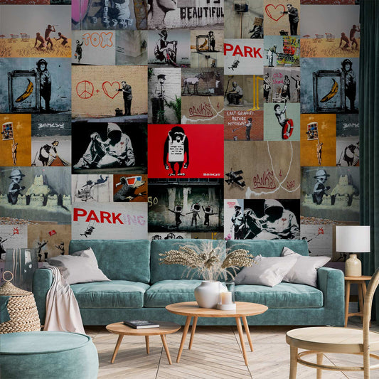 Behang Banksy Collage Zand — sfeerfoto 1