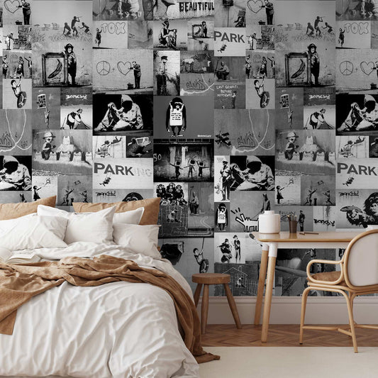 Behang Banksy Collage Grijs — sfeerfoto 1
