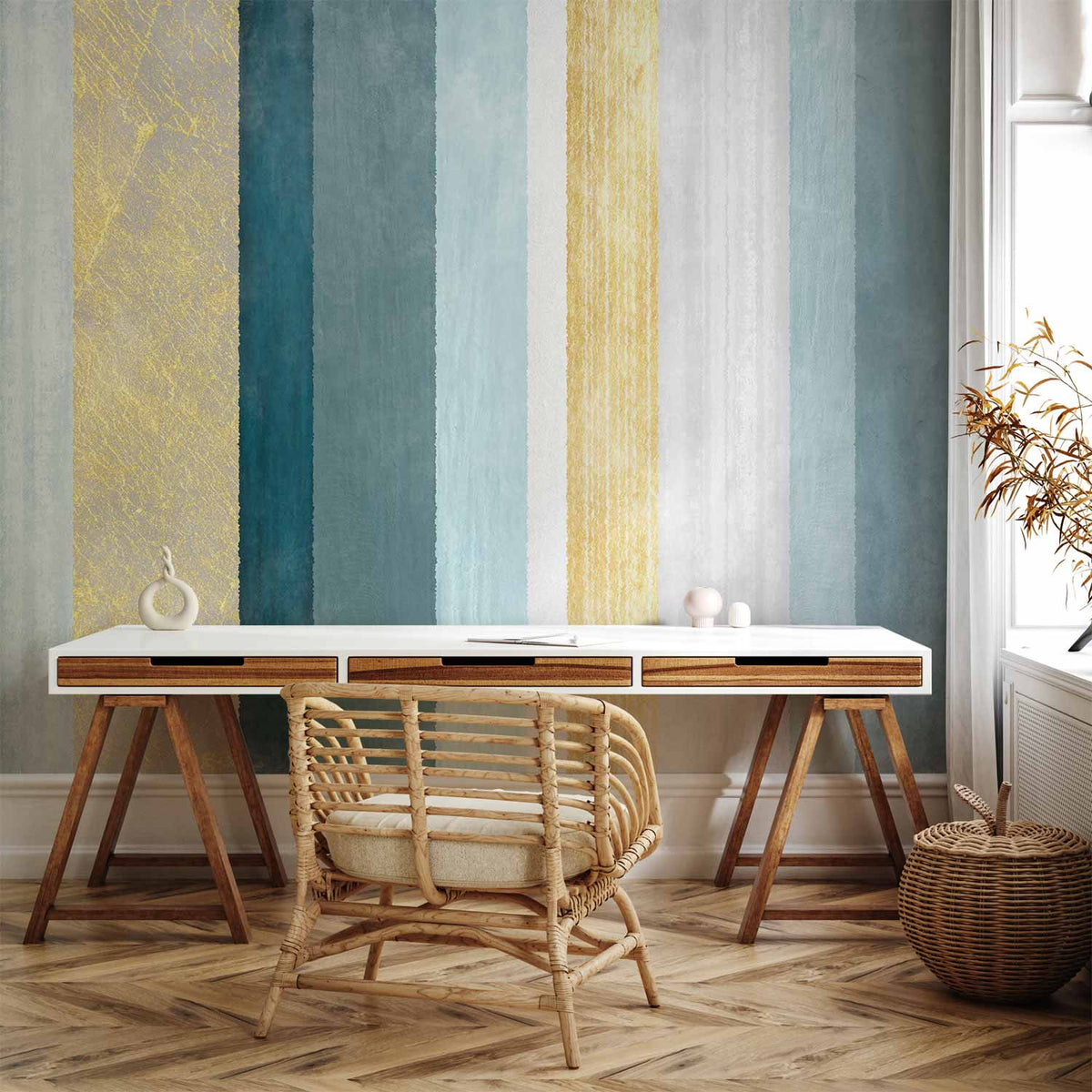 Fotobehang Striped pattern - abstract background in stripes in blue tones with gold pattern