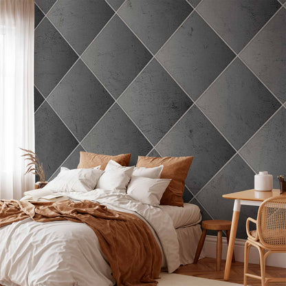 Fotobehang Grey symmetry - geometric concrete pattern with white joints
