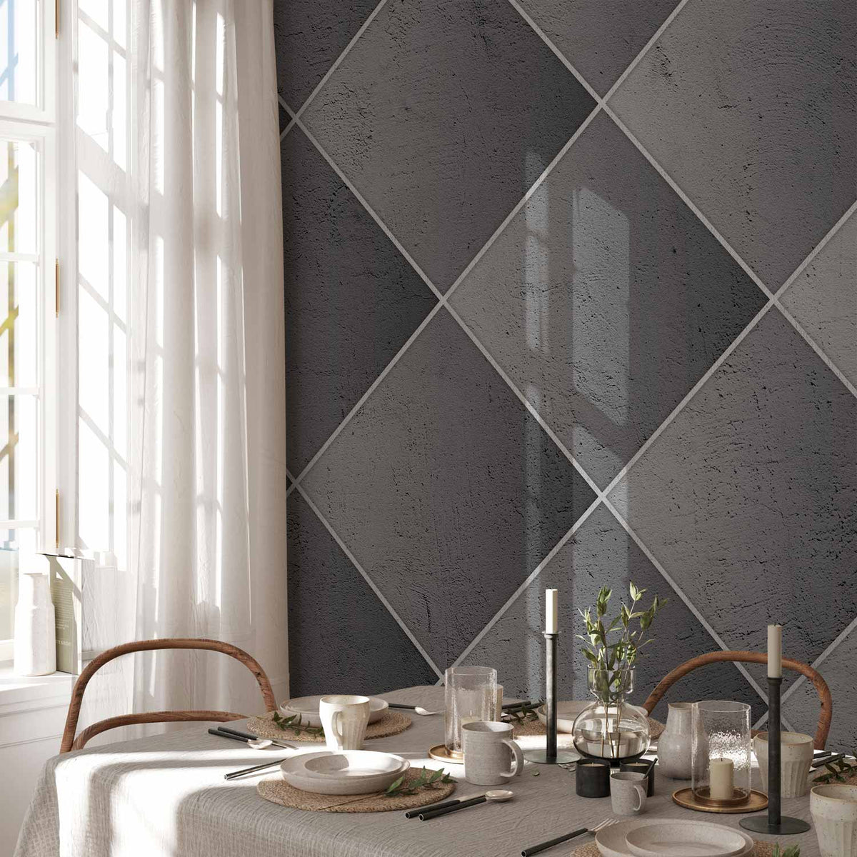 Fotobehang Grey symmetry - geometric concrete pattern with white joints