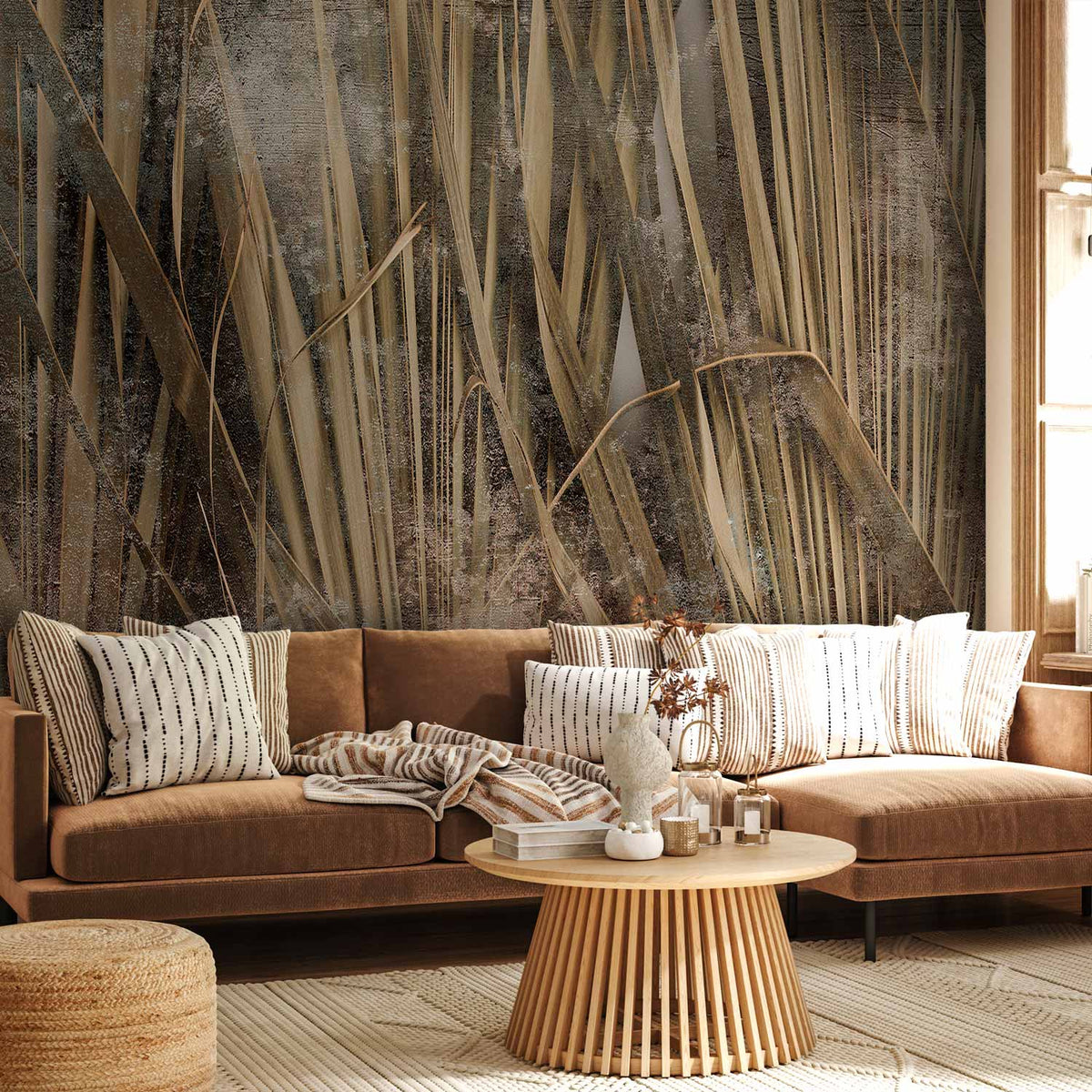Fotobehang Dry leaves - landscape of tall grasses in boho style with paint patterns