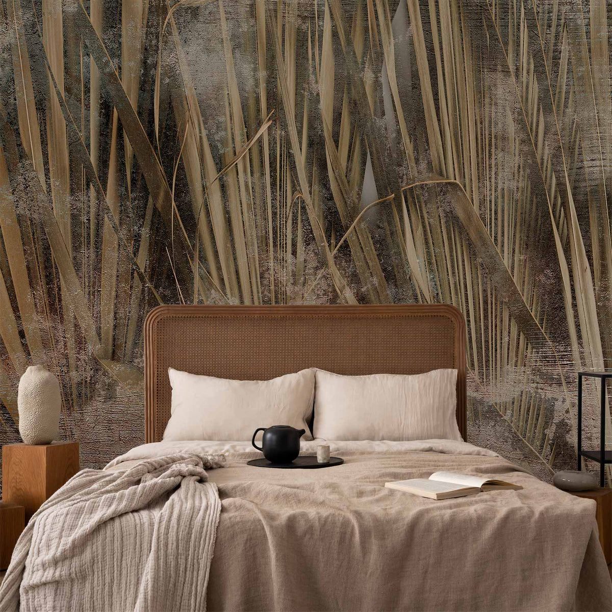 Fotobehang Dry leaves - landscape of tall grasses in boho style with paint patterns