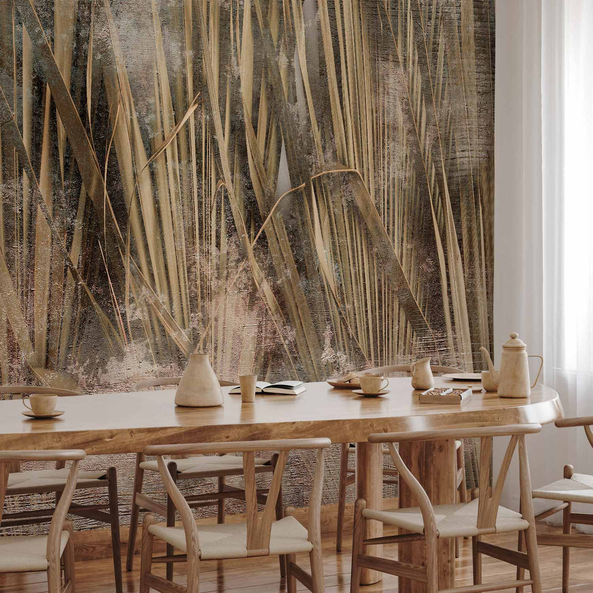 Fotobehang Dry leaves - landscape of tall grasses in boho style with paint patterns