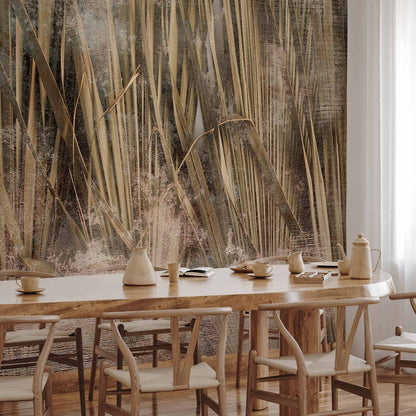 Fotobehang Dry leaves - landscape of tall grasses in boho style with paint patterns