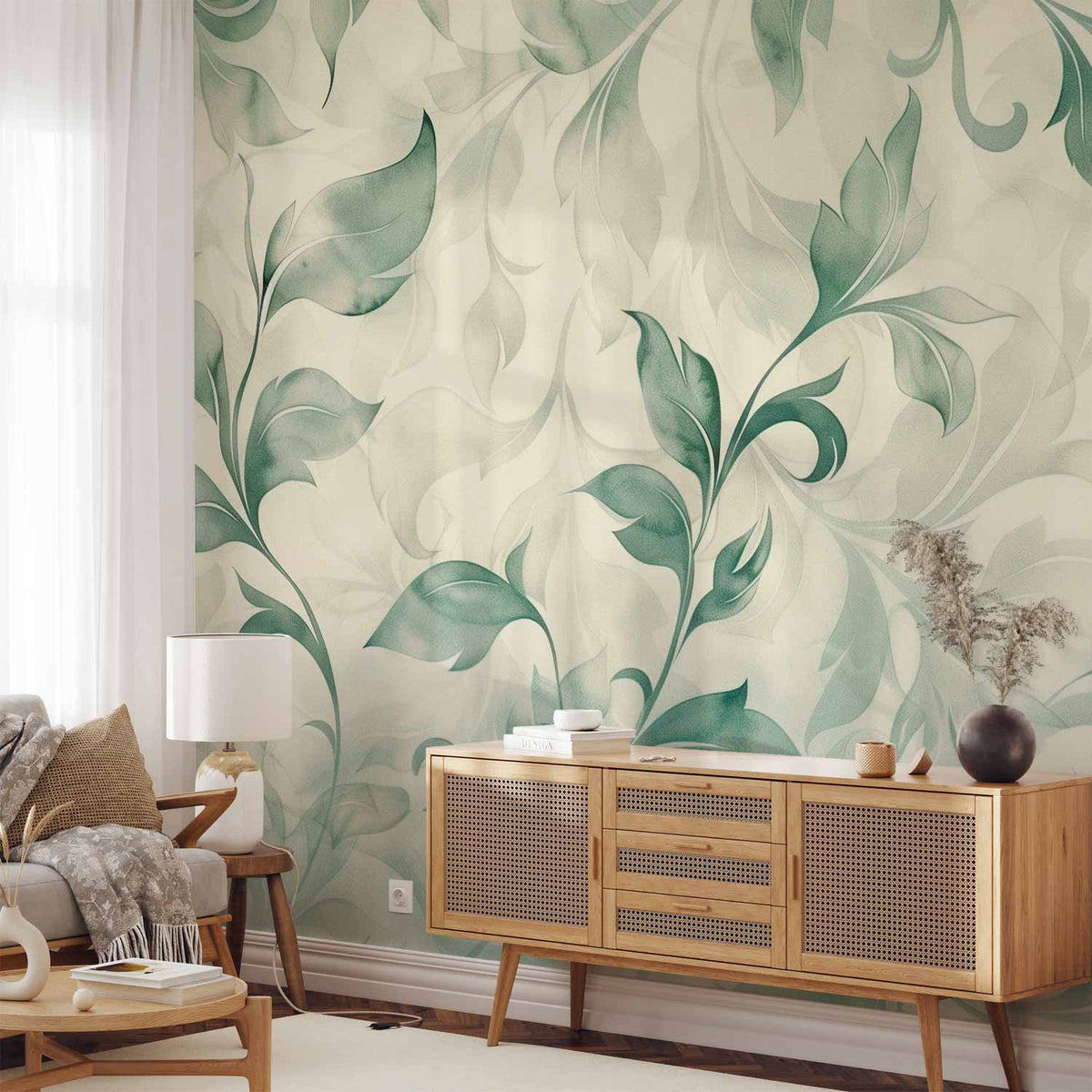 Fotobehang Watercolor Botanical Motif Delicate Green-Beige Leaves