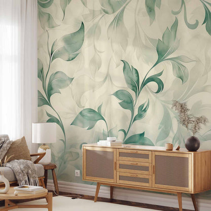 Fotobehang Watercolor Botanical Motif Delicate Green-Beige Leaves