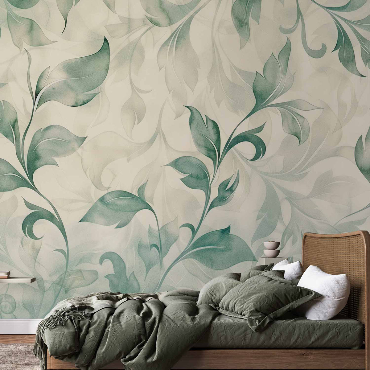 Fotobehang Watercolor Botanical Motif Delicate Green-Beige Leaves