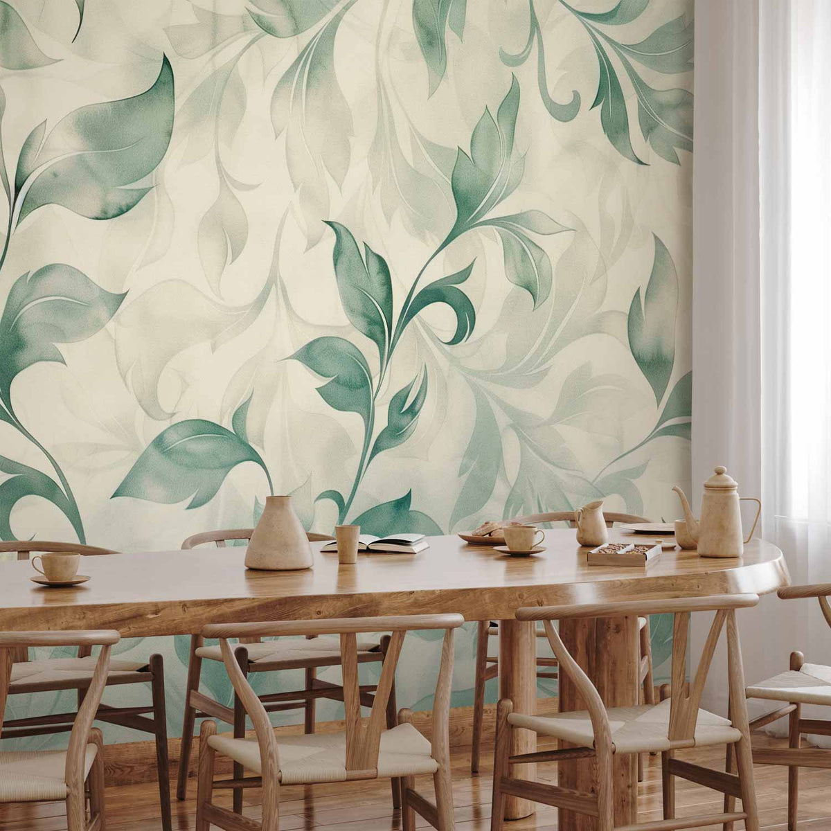 Fotobehang Watercolor Botanical Motif Delicate Green-Beige Leaves