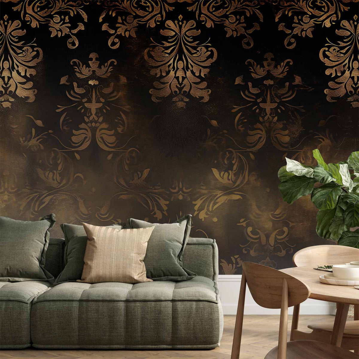 Fotobehang Baroque Ornaments in Patinated Gold and Browns: Retro Motif