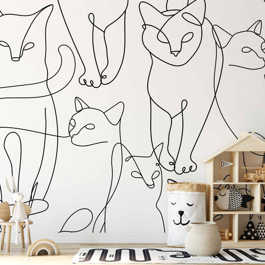 Fotobehang Cat lineart - minimalist sketches of black cats on white background
