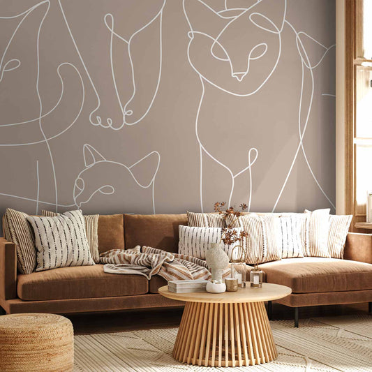 Fotobehang Cat lineart - minimalist sketches of white cats on beige background