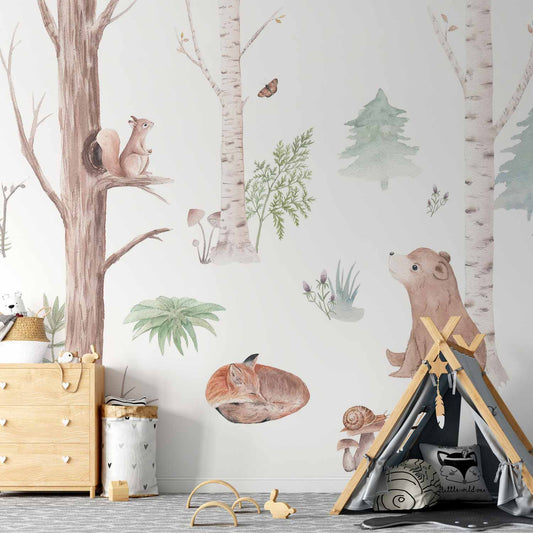 Fotobehang Subtle Illustration With Forest Animals