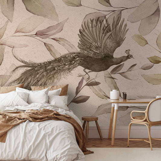 Fotobehang Bird among the leaves - floral motif with a flying peacock in cool tones