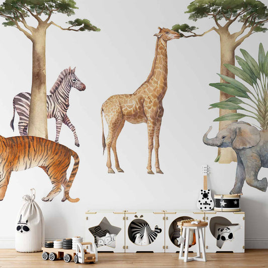 Fotobehang Jungle Animals on White Background Made With Watercolour Technique
