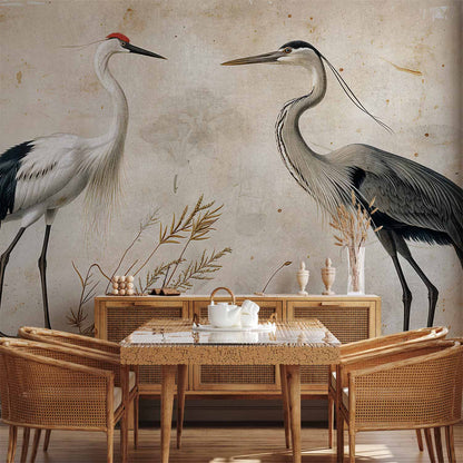 Fotobehang Birds from an old engraving - vintage-style illustration depicting a heron and a crane