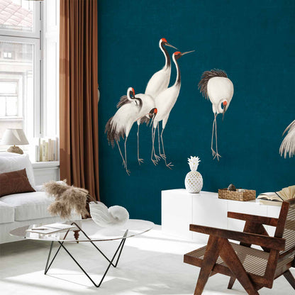 Fotobehang Evening by the pond - a group of cranes drawn in dry pastel on a dark turquoise background