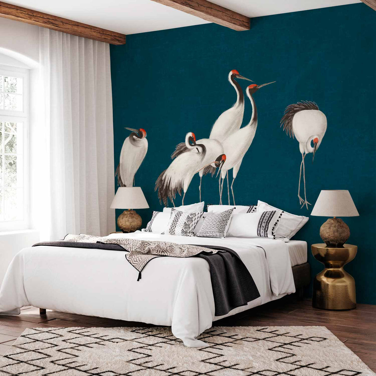 Fotobehang Evening by the pond - a group of cranes drawn in dry pastel on a dark turquoise background