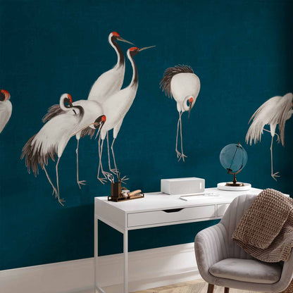 Fotobehang Evening by the pond - a group of cranes drawn in dry pastel on a dark turquoise background