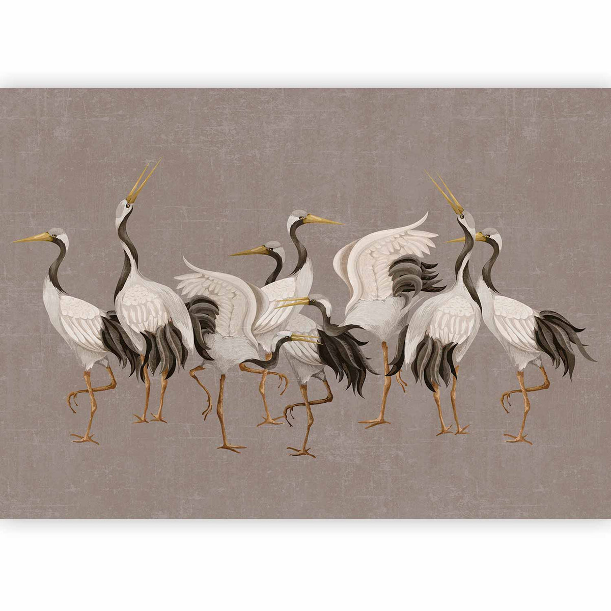 Fotobehang Crane dance – bright silhouettes of birds against a warm grey background with texture