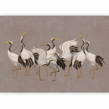 Fotobehang Crane dance – bright silhouettes of birds against a warm grey background with texture