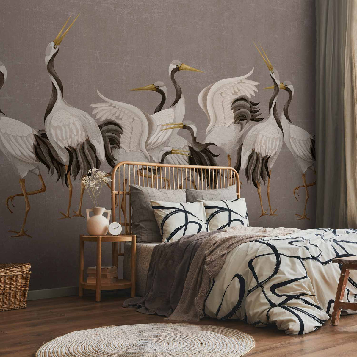 Fotobehang Crane dance – bright silhouettes of birds against a warm grey background with texture