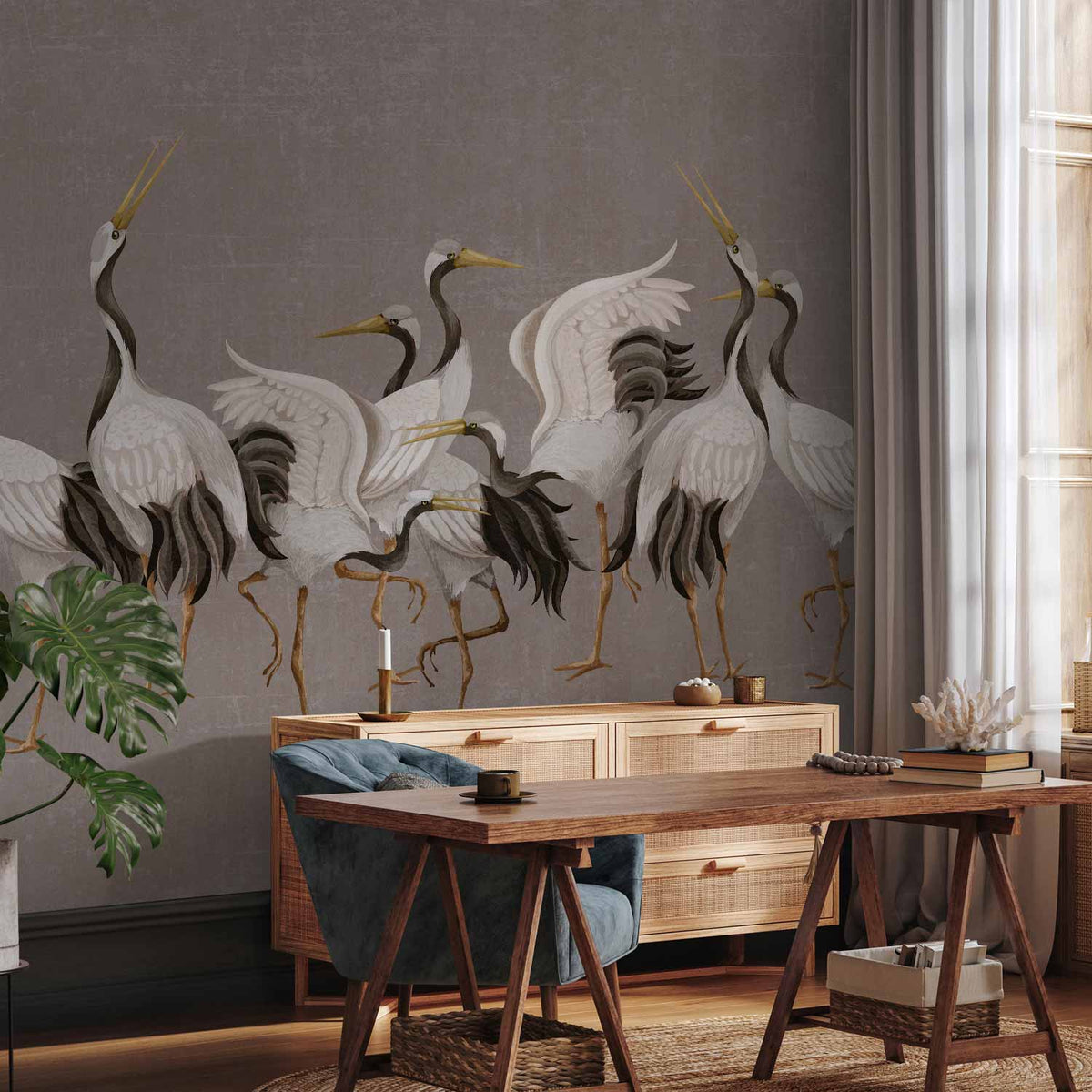 Fotobehang Crane dance – bright silhouettes of birds against a warm grey background with texture