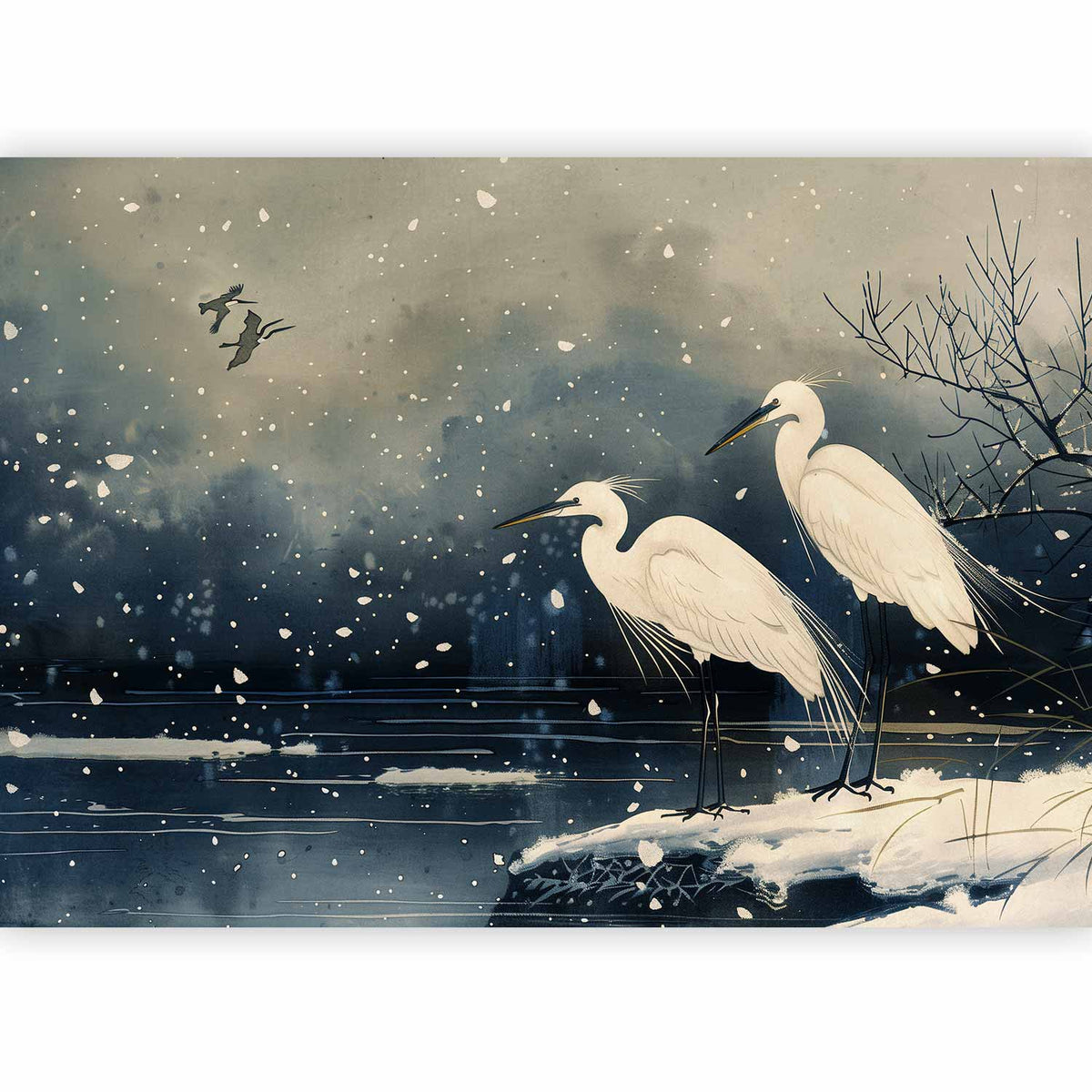 Fotobehang Herons over a winter pond - Japanese-style illustration in dark colours